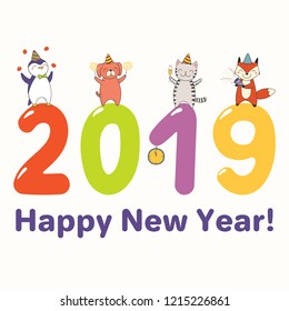 Hand drawn New Year 2019 greeting card, banner with cute funny animals standing on big numbers, celebrating, typography. Line drawing. Isolated objects. Vector illustration. Design concept for party.