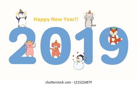 Hand drawn New Year 2019 greeting card, banner template with big numbers, cute funny animals celebrating, typography. Line drawing. Isolated objects. Vector illustration. Design concept for party.
