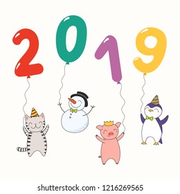 Hand drawn New Year 2019 greeting card, banner with cute funny animals holding numbers made of balloons. Line drawing. Isolated objects. Vector illustration. Design concept for party, celebration.