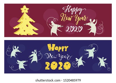 Hand drawn New year 2020 banners with rats and lettering. Sketching set of horizontal illustrations in cartoon style