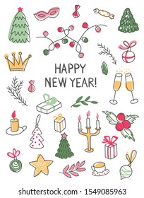 Hand drawn New Year 2020 gift card. Cute art with elements: tree, candles, mask, glasses, candy, garland, cups, gifts. Doodle vector illustration for Christmas and New Year holiday.