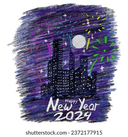 hand drawn new year 2024 design with crayon color style with a city, fireworks, moon and stars. vector illustration