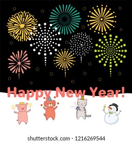 Hand drawn New Year card, banner template with cute funny animals celebrating, fireworks in the dark sky, typography. Line drawing. Isolated objects. Vector illustration. Design concept for party