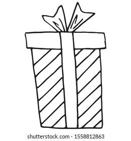 Hand drawn New Year and christmas gift box. Doodle vector illustration for greeting cards, posters, stickers and seasonal design. Single element isolated on white background.