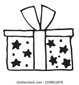 Hand drawn New Year and christmas gift box. Doodle vector illustration for greeting cards, posters, stickers and seasonal design. Single element isolated on white background.