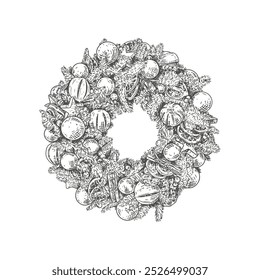 Hand drawn New Year and Christmas wreath made of fir branches with balls, dried oranges and cinnamon.