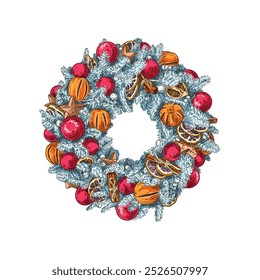 Hand drawn New Year and Christmas wreath made of blue fir branches with red balls, dried oranges and cinnamon