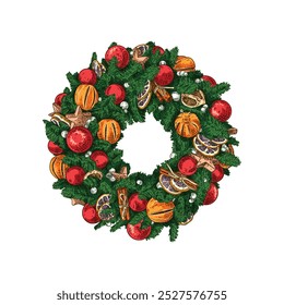 Hand drawn New Year and Christmas wreath made of green fir branches with red balls, dried oranges and cinnamon