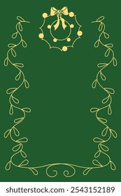 Hand drawn New Year and Christmas greeting card. Christmas design with festive wreath, garlands. Minimalistic doodle style poster on green background. Perfect for invitations, cards, covers, banners