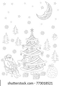 Hand drawn New Year coloring book with Christmas tree, Santa Claus and moon.
