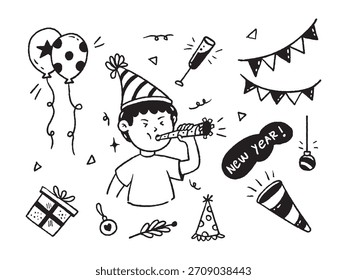 hand drawn new year decorations set illustrations