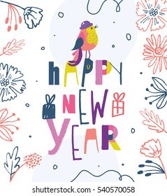 Hand drawn new year design card with bird.