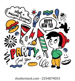 Hand drawn of New Year doodles. Happy new year celebration vector illustrations