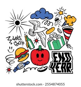 Hand drawn of New Year doodles. Happy new year celebration vector illustrations