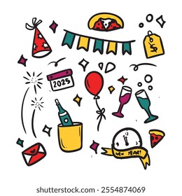 Hand drawn of New Year doodles. Happy new year celebration vector illustrations