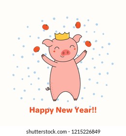 Hand drawn New Year greeting card with cute funny pig juggling tangerines, typography. Isolated objects on white background. Line drawing. Vector illustration. Design concept for party, invitation.