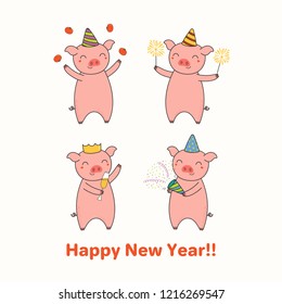 Hand drawn New Year greeting card with cute funny pigs celebrating, typography. Isolated objects on white background. Line drawing. Vector illustration. Design concept for party, invitation.