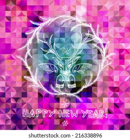 Hand drawn New Year greeting card with deer head. Eps10