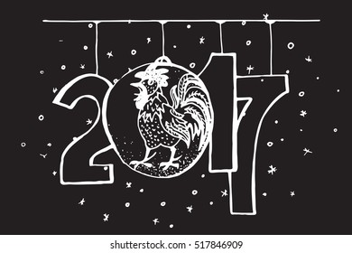 Hand drawn New Year greeting card. 2017 is the year of Red Fire Chicken on Chinese zodiac. Monochrome illustration.