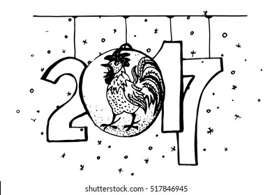 Hand drawn New Year greeting card. 2017 is the year of Red Fire Chicken on Chinese zodiac. Monochrome illustration.