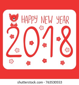 Hand drawn New Year greeting card with cute funny cartoon dog, typography. Isolated objects on white background. Vector illustration. Design concept for children, winter holidays.