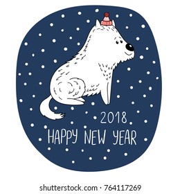 Hand drawn New Year greeting card with cute funny cartoon dog in a hat, typography. Isolated objects on white background. Vector illustration. Design concept for children, winter holidays.
