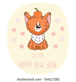 Hand drawn New Year greeting card with cute funny cartoon dog with a tangerine, typography. Isolated objects on white background. Vector illustration. Design concept for children, winter holidays.