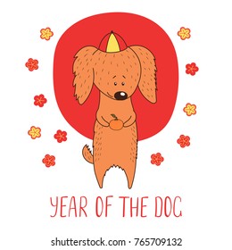 Hand drawn New Year greeting card with cute funny cartoon dog in a hat, typography. Isolated objects on white background. Vector illustration. Design concept for children, winter holidays.