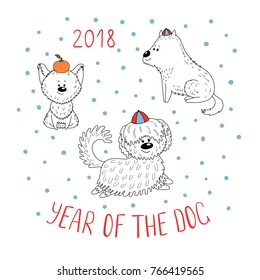 Hand drawn New Year greeting card with cute funny cartoon dogs, typography. Isolated objects on white background. Vector illustration. Design concept for children, winter holidays.