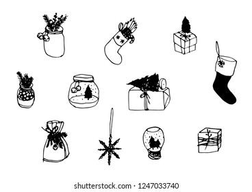 Hand drawn and New Year illustration. Creative Holidays ink art work. Actual vector doodle drawing. Winter set of Holidays things, accessories, decoration, food, drinks.