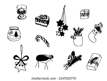 Hand drawn and New Year illustration. Creative Holidays ink art work. Actual vector doodle drawing. Winter set of Holidays things, accessories, decoration, food, drinks.