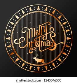 Hand drawn New year and Merry Christmas typography poster with coniferous forest, pines and deer . Celebration quotation for web, card, postcard, event icon logo or badge. Vintage style.