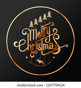 Hand drawn New year and Merry Christmas typography poster with coniferous forest, pines and deer . Celebration quotation for web, card, postcard, event icon logo or badge. Vintage style.