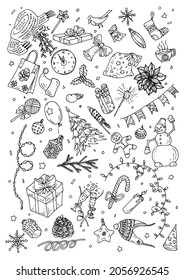 Hand drawn New Year and Merry Christmas doodles and illustrations.New Year and Merry Christmas set. Scarf, gift, calendar, snowflake, Christmas tree toy, clock, package, bag.Monochrome event elements
