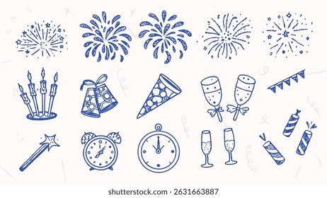 Hand drawn New Year s celebration elements festive doodles party icons and celebratory graphics for winter holiday designs