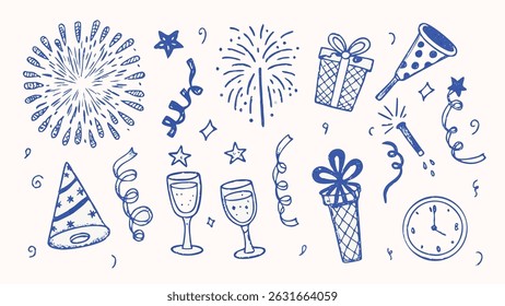 Hand drawn New Year s celebration elements festive doodles confetti and celebratory graphics for holiday designs
