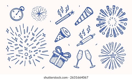 Hand drawn New Year s celebration elements festive doodles party icons and celebratory graphics for holiday designs