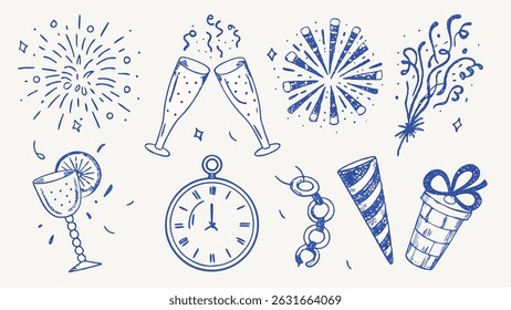 Hand drawn New Year s celebration elements festive doodles confetti and celebratory graphics for holiday designs