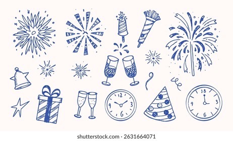 Hand drawn New Year s celebration elements festive doodles confetti and celebratory graphics for holiday designs