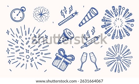 Hand drawn New Year s celebration elements festive doodles party icons and celebratory graphics for holiday designs