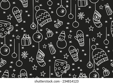 Hand drawn New Year seamless pattern, blackboard