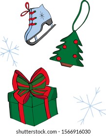 Hand drawn New Year set of skates, gift and Christmas tree.