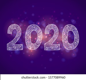 Hand drawn new year tangle numbers 2020 in doodle style. White drawing with elements and small details, ornament, zentangle style on lilac. Creative symbol - twenty. Purple background. Violet palette