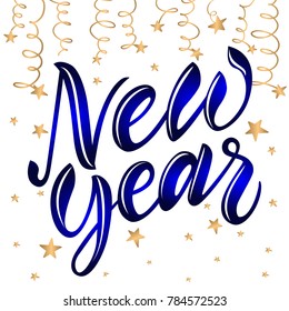 Hand drawn "New Year" typography lettering poster. Celebration dark blue quote on white background for postcard, icon, logo, badge. Winter celebration vector calligraphy text with confetti
