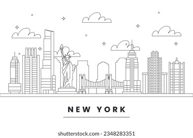 Hand drawn New York City. nyc isolated on white background. vector illustration. New York City outline illustration. line art drawing. sketch of New York City skyline. Outline Scribble.