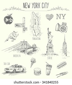 Hand Drawn New York City Collage,isolated Vector Illustration