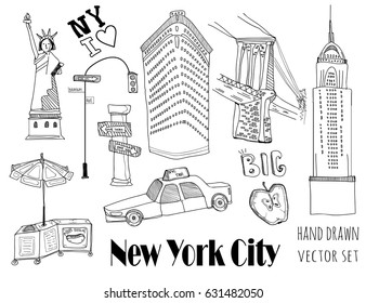 Hand drawn New York city elements. Vector set