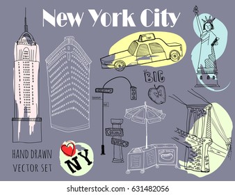 Hand drawn New York city elements. Vector set. Grey background