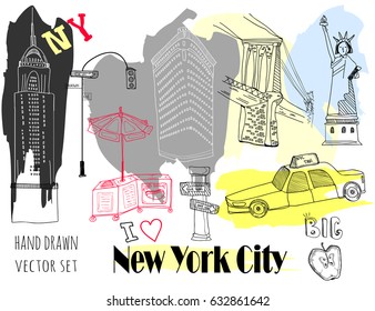 Hand drawn New York elements. Colored graphic vector set