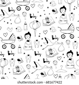 Hand drawn newborn baby elements. Graphic vector seamless pattern